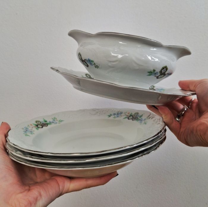 Zestaw 3 głębokie talerze i sosjerka porcelana Wałbrzych PRL vintage retro antyk