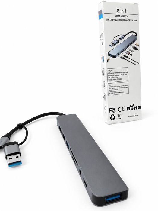 USB-C Hub 8-в-1 | 3×USB | SD | TF | AUX | USB-C | Алюмінієвий корпус