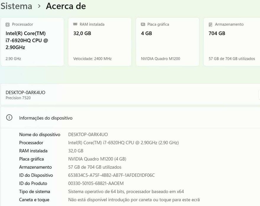 Dell Precision 7520 Workstation Móvel Profissional | i7 | 32GB RAM | 256GB SSD + 500GB HDD | NVIDIA Quadro M1200 4GB
