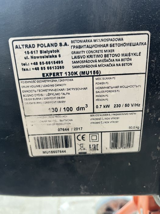 Betoniarka expert 130 k mu156 130/100dm3 0,7 kw 230v