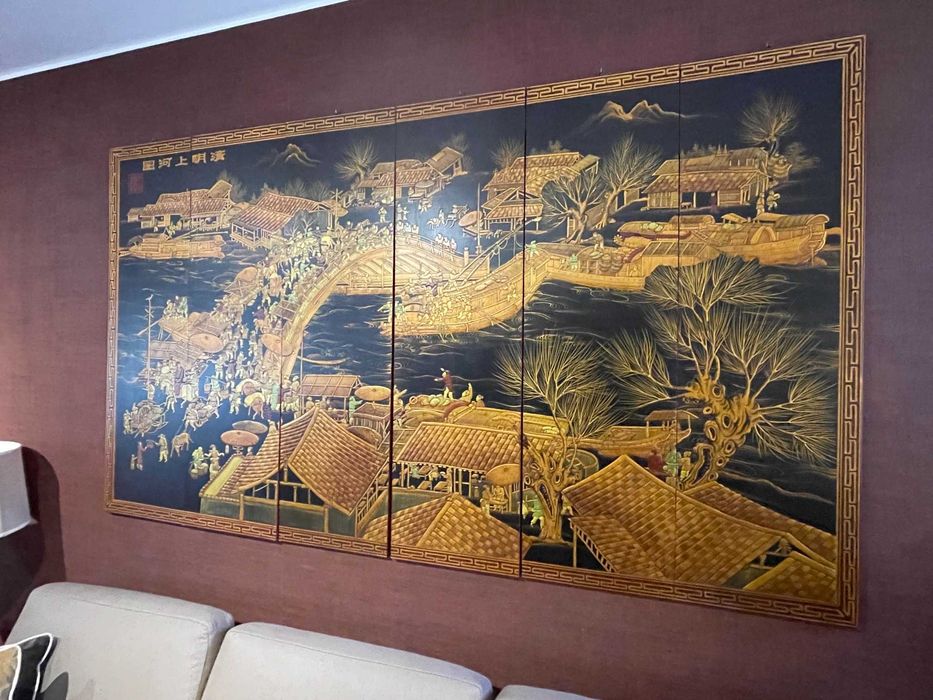 Biombo Chinês Lacado Pintado à Mão - 6 Folhas - Grande Formato