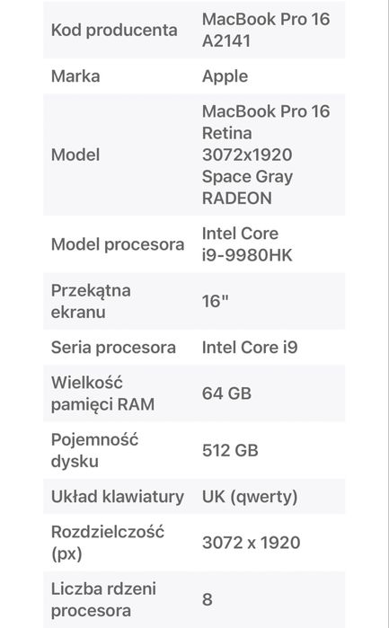 MacBook Pro 16’ (bez ładowarki)