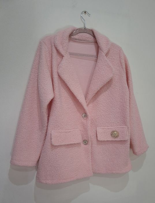 Marynarka płaszczyk baranek złote guziki broszka  jadna morela uni