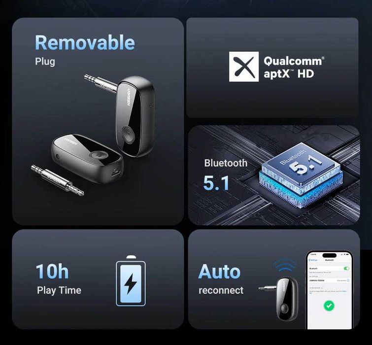 Блютуз Адаптер 5.1 AUX 3.5 Ugreen aptX HD Батарея Ресивер Приемник