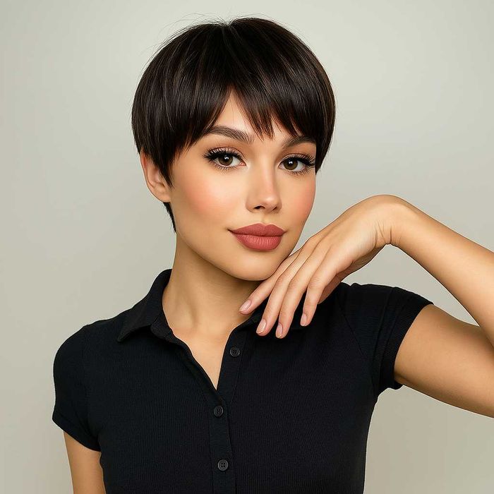 Peruka damska krótka – ciemny brąz styl Pixie cut