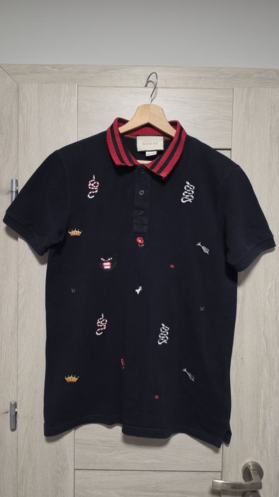 GUCCI koszulka polo męska czarna z haftowanymi elementami short sleeve S