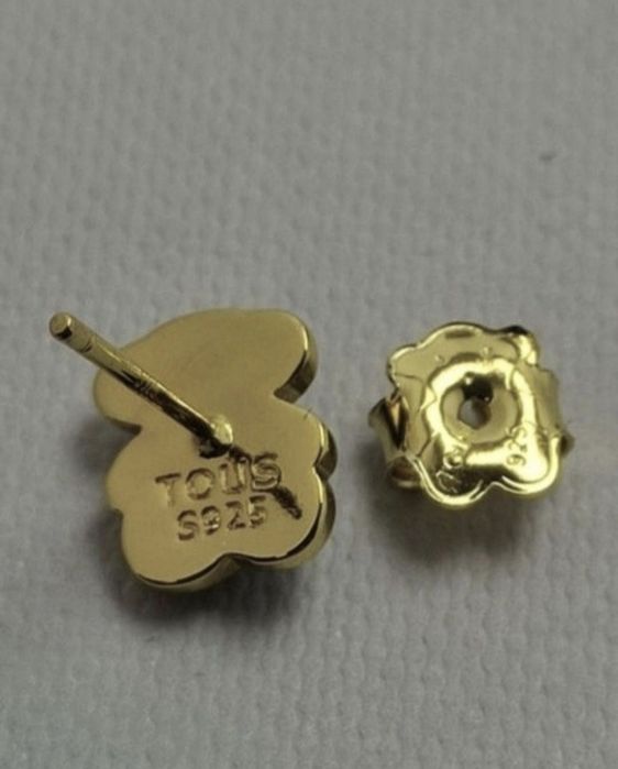 Kolczyki z misiem 10 mm żółte srebro vermeil 925 z onyksem