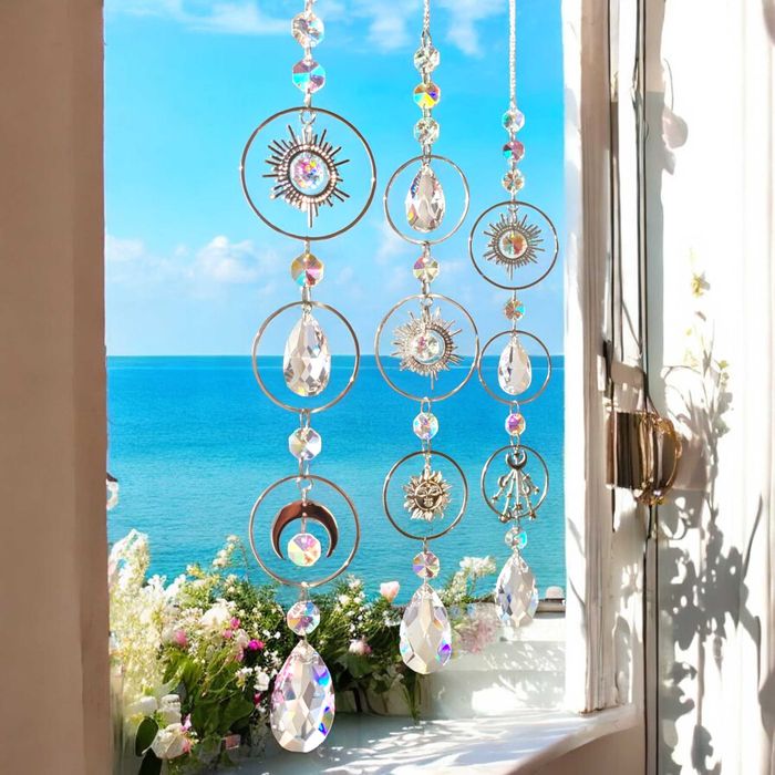 ZAWIESZKI Ozdobne do Okna Słońce Księżyc Gwiazdy Kolorowe SZKLANE Zen