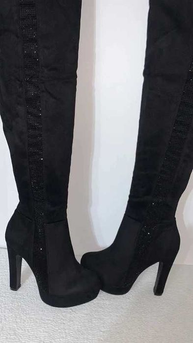 sexy czarne kozaki platforma diamenciki cyrkonie 38