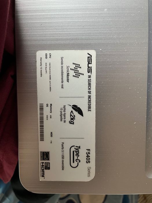 Portátil ASUS F540S 15.6" – Celeron N3060 / 4GB RAM / 1TB HDD / Windows 10