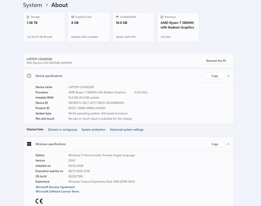 ASUS ROG Zephyrus G15 / RTX 3070 / Ryzen 7 / 16GB / 1.5TB