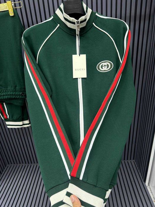 Чоловічий спортивний костюм Gucci, кофта на блискавці та штани з лампасами, зелений, Туреччина