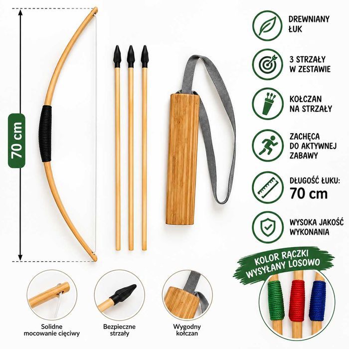 Drewniany Łuk 70 cm dla Dzieci + 3 Strzały + Kołczan