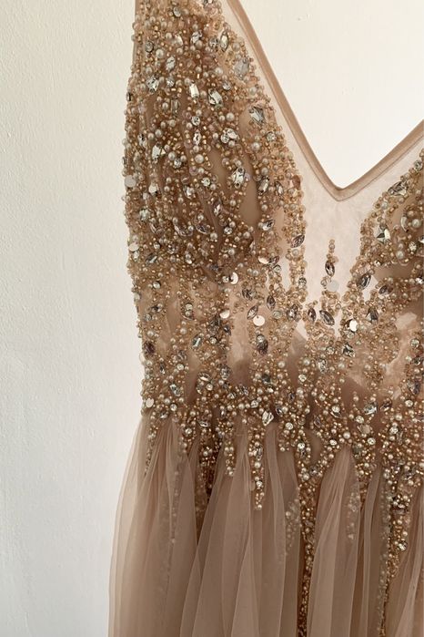 Piękna Suknia ślubna Pudrowy róż  beżowa z kryształkami XS