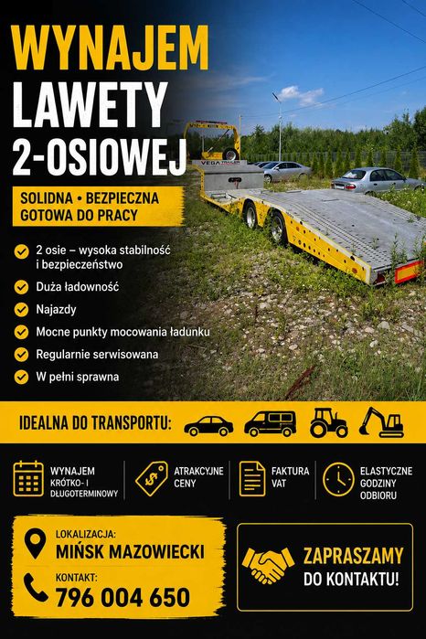 Do wynajęcia laweta 2-osiowa – solidna i gotowa do pracy!