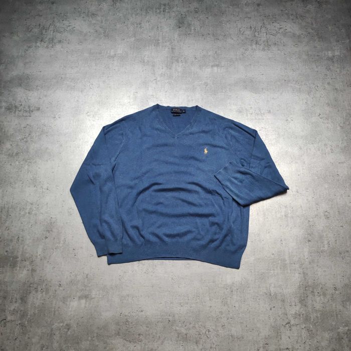 MĘSKI Elegancki Błękitny Sweter V Kołnierzyk Bawełna Polo Ralph Lauren