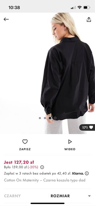 Czarna bawełniana koszula ciążowa XS – idealny stan