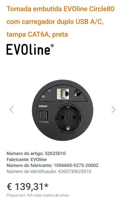 Tomada Evoline Circle 80 com USB e RJ45