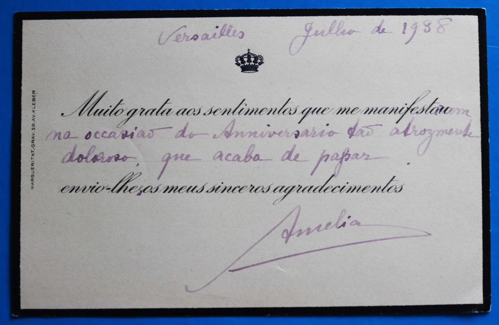 Rainha D Amélia cartão a Vellez Caldeira comandante Iate Real 1938