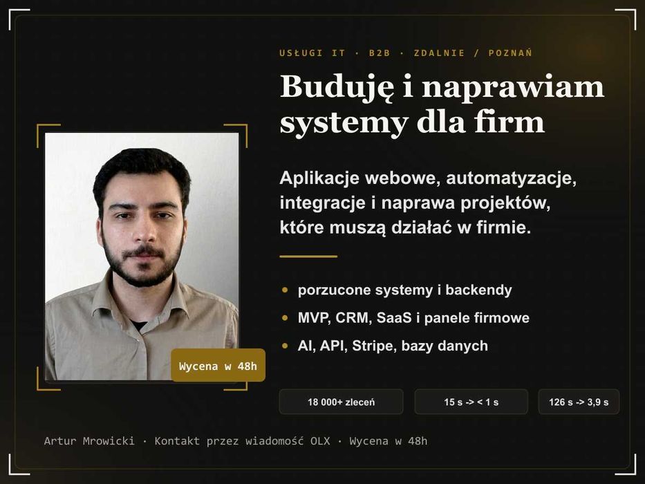Programista B2B: aplikacje webowe, AI, naprawa systemów, MVP, automatyzacje, CRM, analiza danych - DEDYKOWANE ROZWIĄZANIA