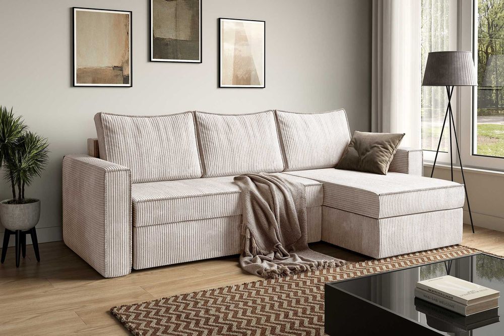 Narożnik Sofia. Sprężyny bonell, 2 pojemniki, sztruks. Szybka dostawa