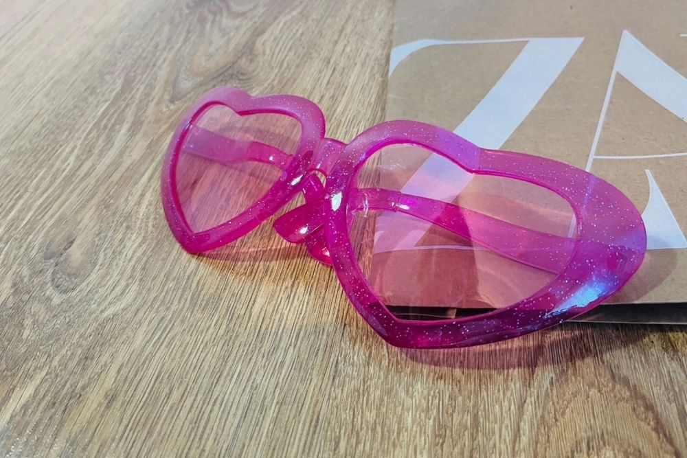 Różowe okulary serca duże, karnawał, przebranie, kostium