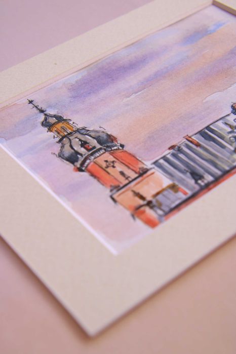 Akwarela z wieżą ratusza z passe-partout