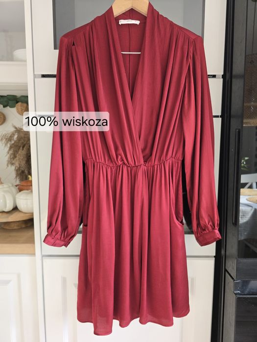 Sukienka z wiskozy Mango XS-S burgund bordo jesień kopertowa zwiewna