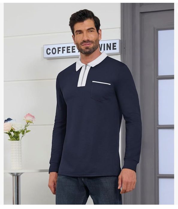 Męska klasyczna bluzka polo, granatowa z białym kołnierzem, rozm. 2XL, ELAINONE