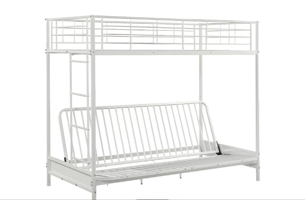 Cama mezzanine 90x190 cm com sofá convertível em metal branco.  Tamanho (colchão):  90 x 190 cm Número de lugares:  1 lugar Sem colchão Com estrado.