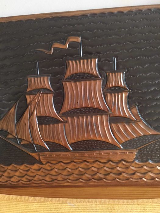 Żaglowiec, statek, obraz wypukły w miedzi, unikatowy 36x26