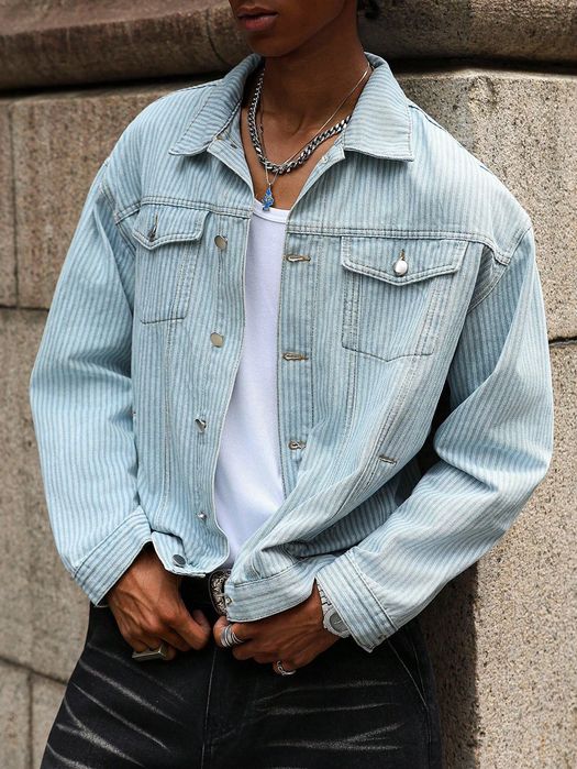 Kurtka męska jeansowa niebieska oversize w paski SHEIN L
