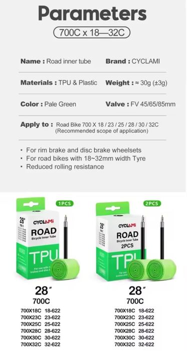 Promocja - Dętki szosowe TPU a'2 Cyclami 700C 18-32 Presta wentyl 45mm 30g Super Jakość Ekspresowa wysyłka