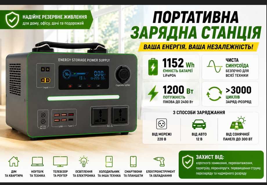 живлення НОВА Зарядна станція 1200W батарея акумулятор літій LiFePO4