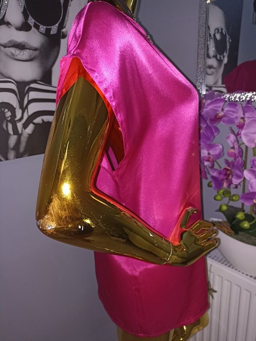 Satynowa,bluzka z krótkim rękawem fuksja R.42