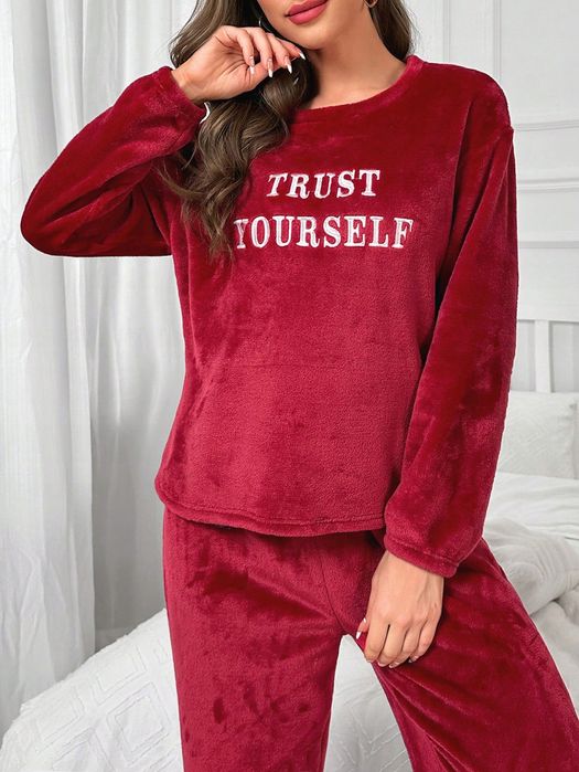 Bluza Pullover Pluszowa Z Haftem Napisy Burgundowa Casual Shein M