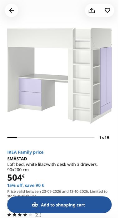 Cama Alta IKEA SMÅSTAD com Secretária, Roupeiro e Arrumação – Branco/Rosa