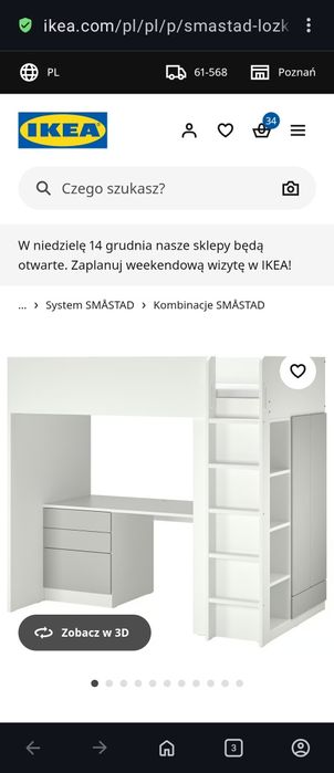 Łóżko z biurkiem i szafą.
Łóżko na antresoli, biały szary/z biurki