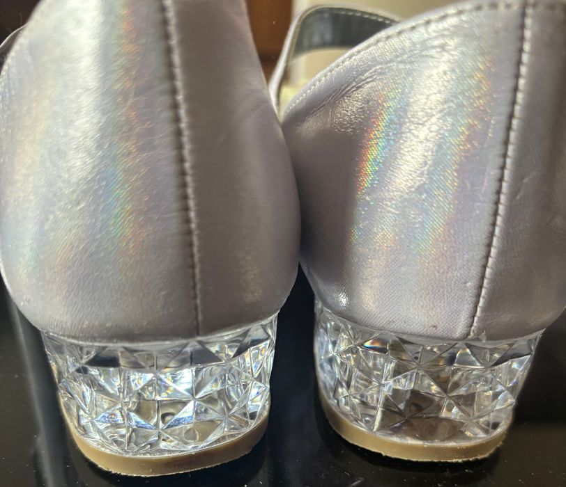 Perłowe pantofelki biżuteryjny świecący obcas. Led Elza, Elsa , Frozen