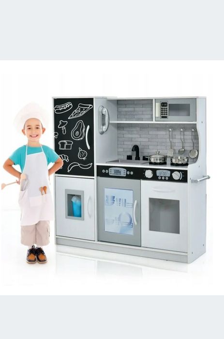 Drewniana Kuchnia dla dzieci z 10 akcesoriami do zabawy Biała Szara