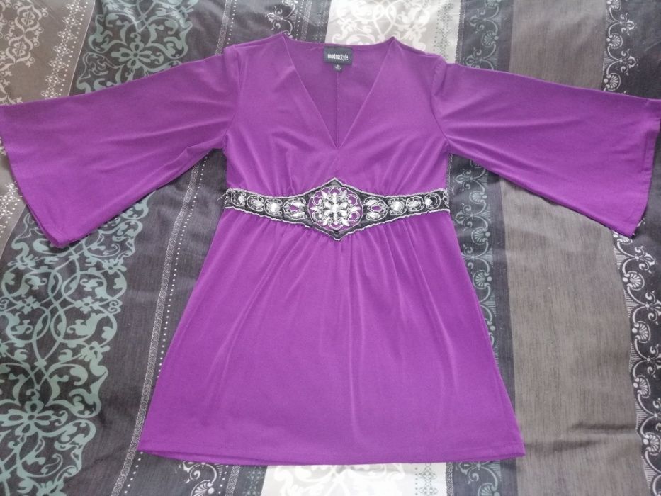Fioletowa bluzka tunika boho z kryształową ozdobą S 36