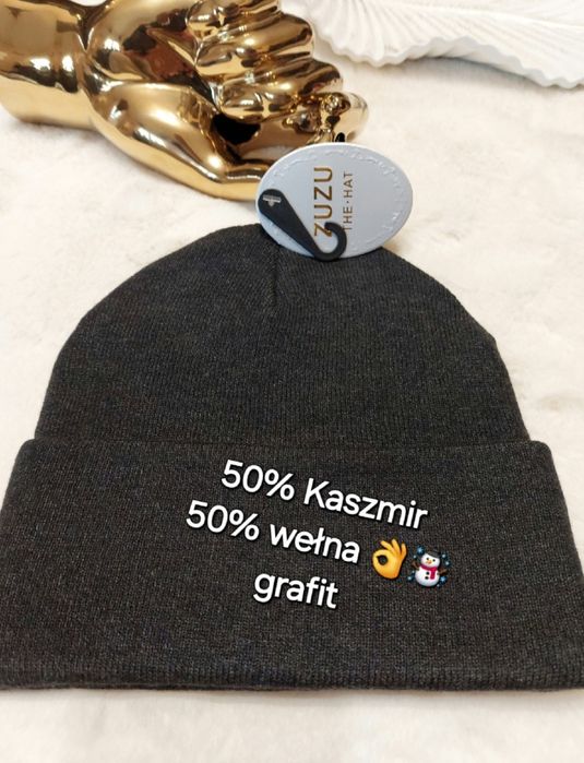 Prosta czapka dzianina prążek unisex 50% kaszmir 50% wełna grafitowa