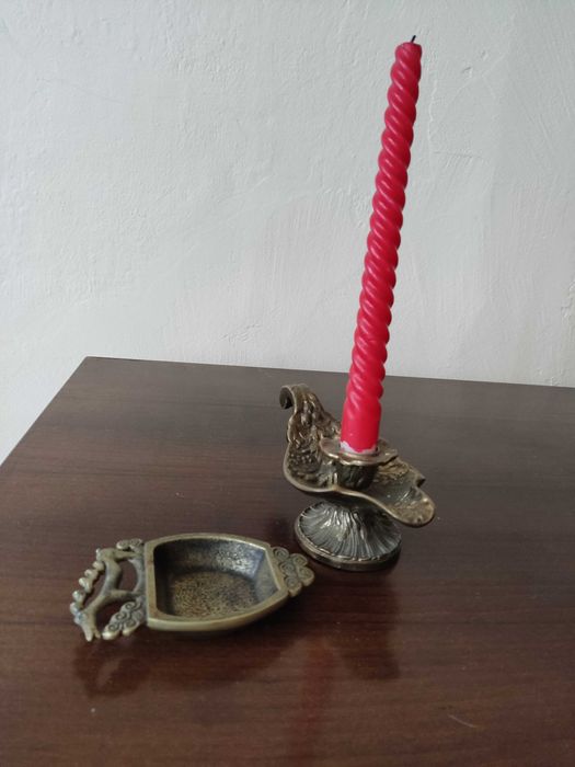 Komplet stary mosiężny świecznik i popielniczka