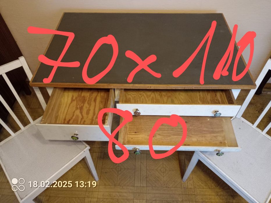 Drewniany stół z 2 krzesłami, śląski stół,stół PRL