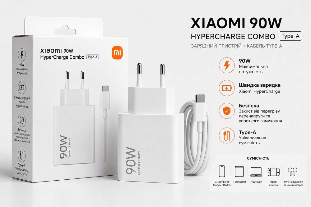 Оригінальна зарядка Xiaomi 90W HyperCharge Turbo Charge для Redmi Xiaomi POCO/ Турбо зарядка xiaomi