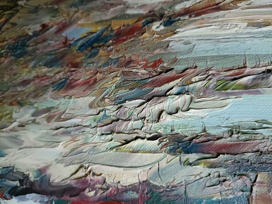 Obraz olejny na płótnie, pejzaż z łodzią