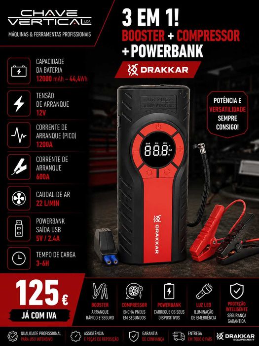 3 EM 1! BOOSTER + COMPRESSOR + POWERBANK DRAKKAR