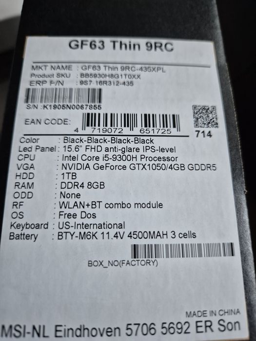 Laptop MSI  GF 63Thin 9RC