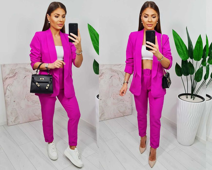 Garnitur komplet damski żakiet i spodnie na gumce fuksja S, M