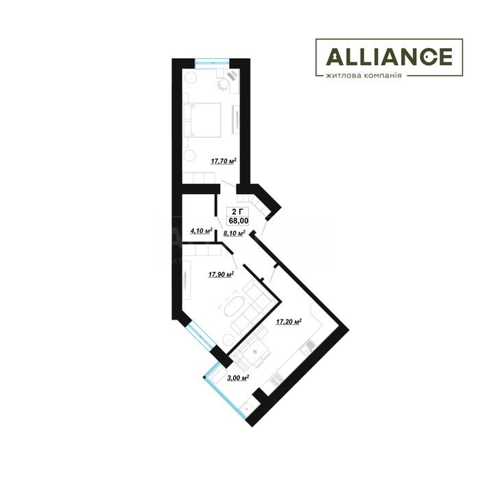 2к квартира двостороння квартира з кухнею студіо у ЖК Княгинин